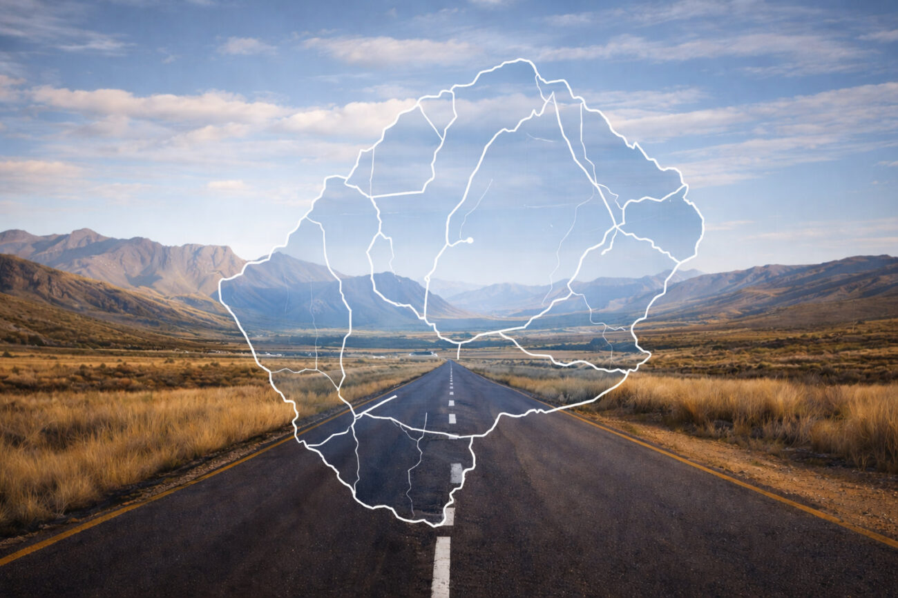 Highland road across Lesotho plateau with strategic map overlay, symbolizing infrastructure, investing in Lesotho, and business access routes